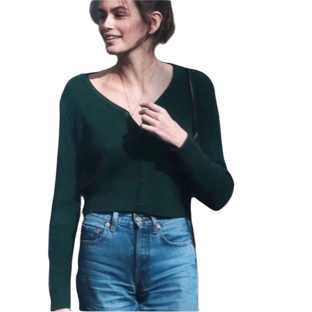 Brandy Melville Hunter Green Cardigan Sweater Vneck S M Preppy Classic Cropped
